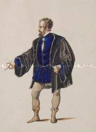 Bärtiger Mann in schwarzem Mantel, blauem Wams und braunen Beinlingen - Tafel aus Franceschini/Kostümbilder (Kassette 1)
