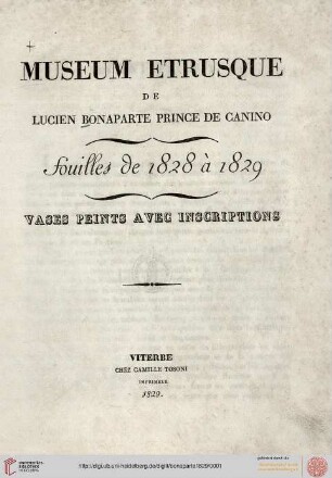 Muséum Etrusque de Lucien Bonaparte Prince de Canino : fouilles de 1828 à 1829 ; vases peints avec inscriptions