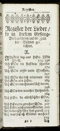 Register der Lieder/ so in diesem Gesang-Buch zu finden/ auf die Zahl der Blätter gerichtet.
