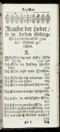 Register der Lieder/ so in diesem Gesang-Buch zu finden/ auf die Zahl der Blätter gerichtet.