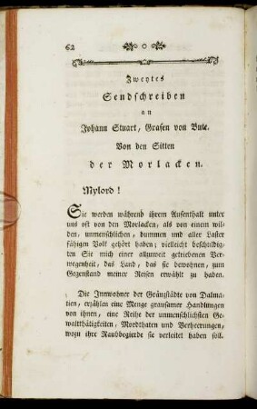 Zweytes Sendschreiben. Von den Sitten der Morlacken.