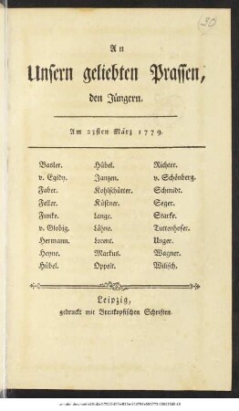 An Unsern geliebten Prassen, den Jüngern : Am 23sten März 1779.