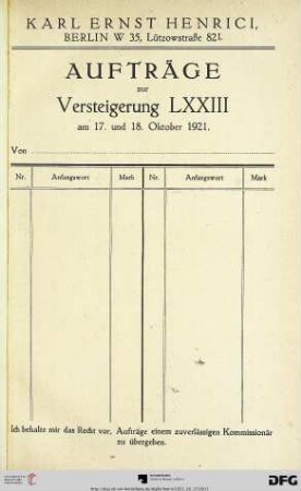 Aufträge zur Versteigerung LXXIII