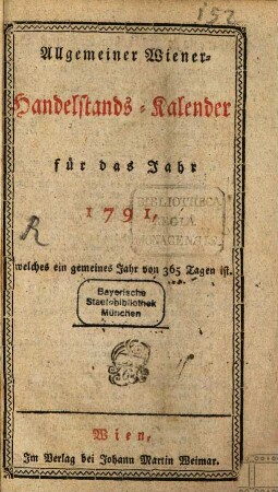 Allgemeiner Wiener Handelstands-Kalender für das Jahr ..., 1791