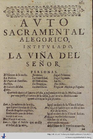 Auto Sacramental Alegorico de la Viña del Señor.