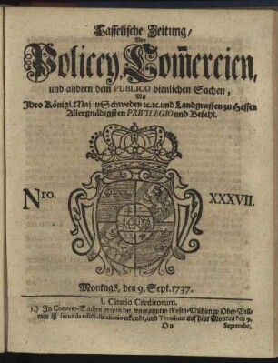 Nro. XXXVII, Montags, den 9. Sept. 1737