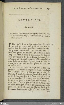 Lettre CIX [i.e. CXI]. Au Moufti