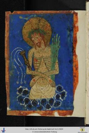 [Iv] Pergamentblatt des 16. Jhs: Schmerzensmann in Halbfigur mit Geißel und Rute.