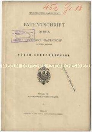 Patentschrift einer Rüben-Erntemaschine, Patent-Nr. 3818