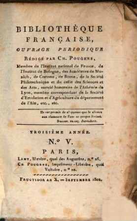 Bibliothèque française : ouvrage périodique. 3. 1802, 5 = Sept.