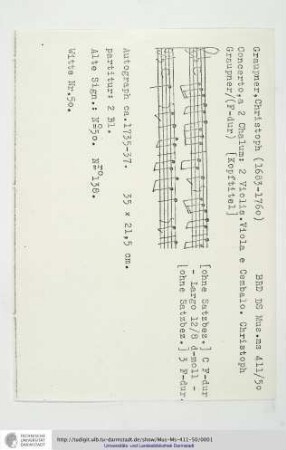 Concerto, a 2 Chalum: 2 Violin. Viola e Cembalo. Christoph Graupner
