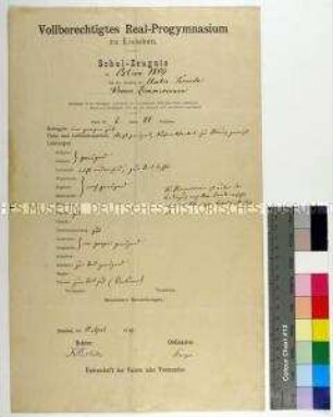 Schulzeugnis des Vollberechtigten Real-Progymnasiums zu Eisleben für den Schüler der Untertertia Werner Zimmermann