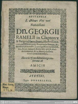 Epitaphia Georgii Rameli : consecrata ag amicis