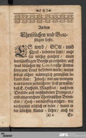 An den Christlichen und Gottseligen Leser.