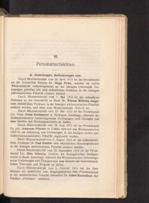 III. Personalnachrichten.