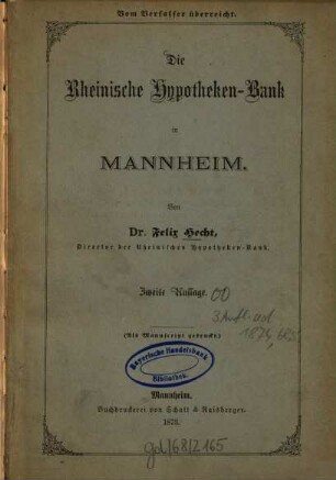 Die Rheinische Hypotheken-Bank in Mannheim : [Umschlagt.]