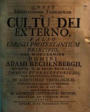 Exercitationem Theologicam De Cultu Dei Externo, Falso Unionis Protestantium Principio
