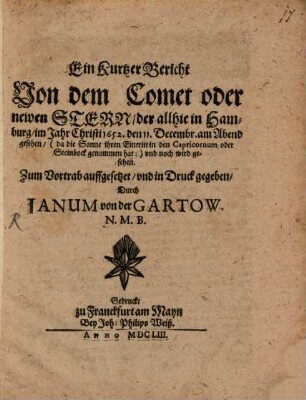 Ein kurzer Bericht von dem Komet ... 1652
