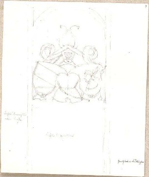 Hoffstadt, Friedrich; Kassette 5: Mappe XII.1, Wappenschilde in Steinwerk, Holz oder Metall (1363-1403) - für Grabstein in Leutkirchen (Ansicht)
