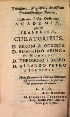 Epitome grammaticae Hebraeae : Additi sunt propheta Obadja et Ecclesiastes Schelomonis, hebr. et lat. Opera Joh. Terentii