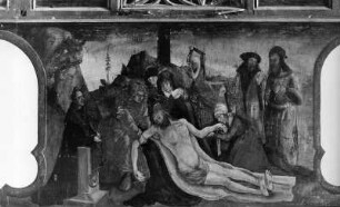 Predella mit Beweinung Christi : Predella mit Beweinung Christi. Holz, bemalt (1521; Krakauhintermühlen). Krakauhintermühlen, Filialkirche Sankt Ulrich