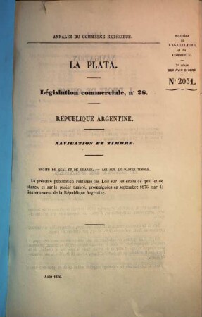 Annales du commerce extérieur. La Plata. Législation commerciale. 28. 1876