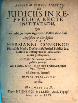 Aphorismi Centum Politici De Iudiciis In Republica Recte Instituendis