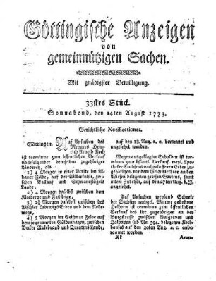 33stes Stück. Sonnabend, den 14ten August 1773.