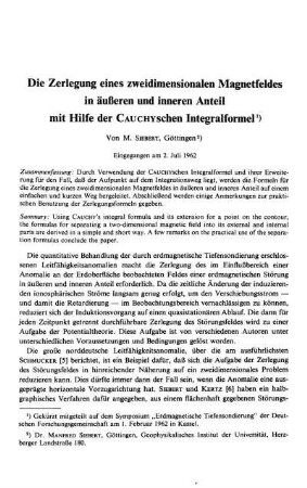 Die Zerlegung eines zweidimensionalen Magnetfeldes in äußeren und inneren Anteil mit Hilfe der Cauchyschen Integralformel