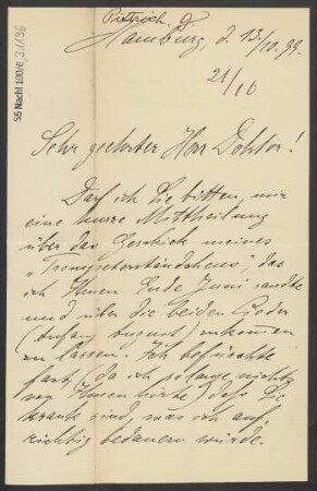 Brief an Ludwig Strecker  an B. Schott's Söhne : 13.10.1899
