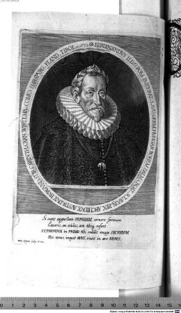 Ferdinandvs II.D.G. Rom. Imperat. S. Avg. Germ. Hvngar. Bohem. Dalm. Croat. Sclavon. Rex Archidvx Avstr. Dvx Bvrgvnd. Stir. Carinth. Carn. Wirtemb. Comes Habspvrg. Fland. Tirol. : Si cupis augustam Ferdinandi cernere formam ...