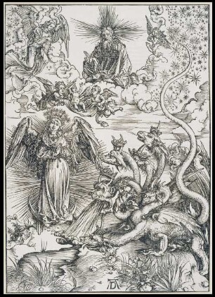 Das Sonnenweib und der siebenköpfige Drache, aus der Folge der Apokalypse, Latein-Ausgabe 1511