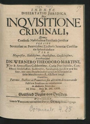 Dissertatio Iuridica De Inquisitione Criminali