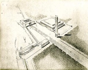 Grund, Peter; Düsseldorf; Schlageter - Forum, Gauleitung mit Kongreßhalle und Ehrenmal - Perspektivische Zeichnung Gauleitung mit Kongresshalle (Vogelperspektive)