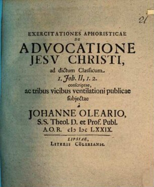 Exercitationes aphor. de advocatione Jesu Christi