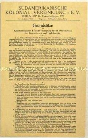 Flugblatt mit den Grundsätzen der Südamerikanischen Kolonial-Vereinigung