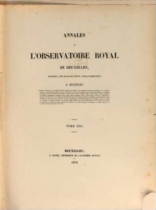 Annales de l'Observatoire Royal de Bruxelles, 21. 1872