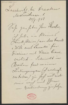 Brief an Willy Strecker an B. Schott's Söhne : 20.07.1912