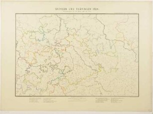 Landkarte der historischen Entwicklung von Sachsen und Thüringen von 1485 bis 1653, mit Legende und Maßstab in geographischen Meilen, aus dem Geographisch-historischen Atlas von Sachsen und Thüringen