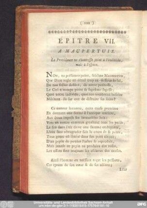 Épitre VII. A Maupertuis. La Providence ne s'intéresse point à l'individu, maisa l'espece.