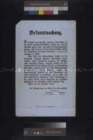 Maueranschlag: Bekanntmachung des Wiener Generalstabes über Veränderungen im Barrikadenbau; Wien, 20. Oktober 1848