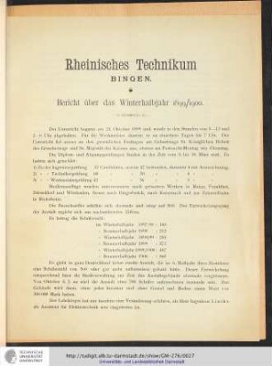 Rheinisches Technikum Bingen. Bericht über das Winterhalbjahr 1899/1900