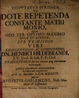 Dispvtatio Jvridica De Dote Repetenda Constante Matrimonio