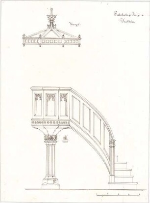 Voit, August von; Kirche - Kanzel mit Schalldeckel in einer Kirche in Dentlein (Ansicht)