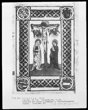 Drei Holzschnitte, vermutlich Buchillustrationen — Maria und Johannes unter dem Kreuz