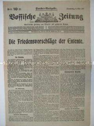 Extra-Blatt der Tageszeitung "Vossische Zeitung" zum Entwurf des Versailler Vertrags