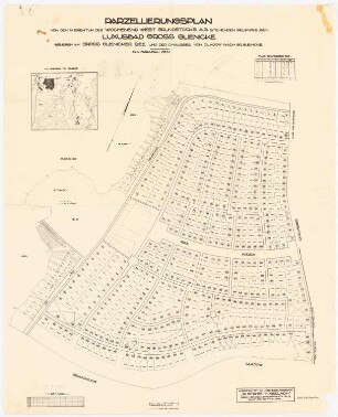 »Luxusbad Groß-Glienicke«, Berlin-Spandau: Parzellierungsplan (Druck) vom gesamten Viertel (Vorlage 1:1000, Druck ca. 1:2857), Lageplan und Flächenverzeichnis, Maßstabsleiste, Bleistift-Skizzen