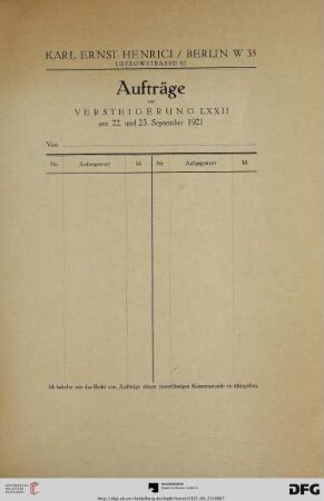 Aufträge zur Versteigerung LXXII