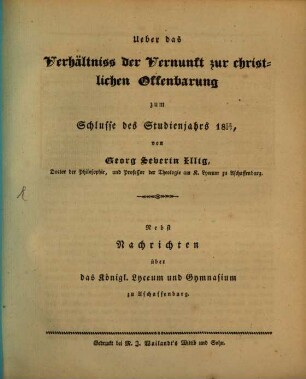 Ueber das Verhältniss der Vernunft zur christlichen Offenbarung : zum Schlusse des Studienjahrs 1828/29