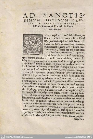 Ad Sanctissimum Dominum Paulum III. Pontificem Maximum, Nicolai Copernici Praefatio in libros revolutionum.